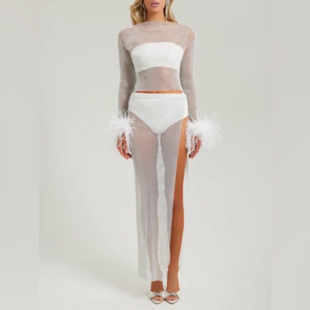 White Crystal Embellished Mesh Feather Top and Skirt, Bridal, Bachelorette